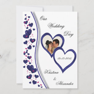 Navy & Bright Pink Hearts Huwelijksfoto Uitnodigin Kaart