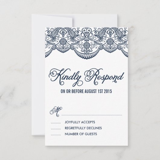 Navy Brocade Lace Wedding RSVP Kaart (Voorkant)