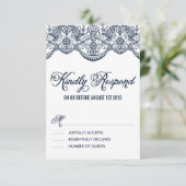Navy Brocade Lace Wedding RSVP Kaart (Staand voorkant)