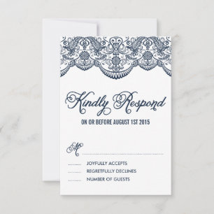 Navy Brocade Lace Wedding RSVP Kaart