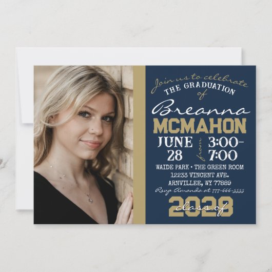 Navy & Bronze Gold Afstuderen 2 Fotouitnodiging Kaart (Voorkant)