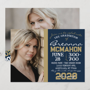 Navy & Bronze Gold Afstuderen 2 Fotouitnodiging Kaart