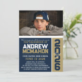 Navy & Bronze Modern Afstuderen Foto Aankondiging (Staand voorkant)