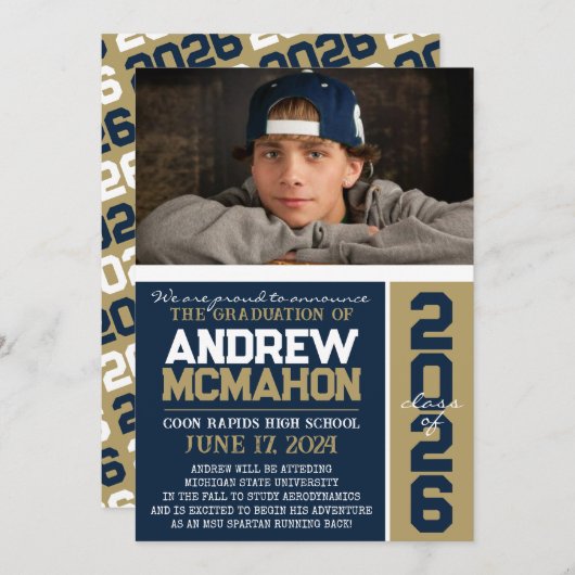 Navy & Bronze Modern Afstuderen Foto Aankondiging (Voorkant / Achterkant)