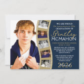 Navy & Bronze Photo Filmstrip Afstudeerder Aankond Kaart (Voorkant)