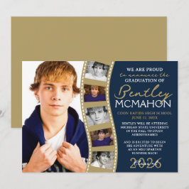 Navy & Bronze Photo Filmstrip Afstudeerder Aankond Kaart