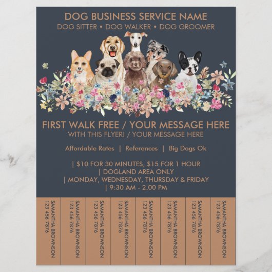 Navy Brown Briet Dog Walker Budget Tickets Flyer (Voorkant)
