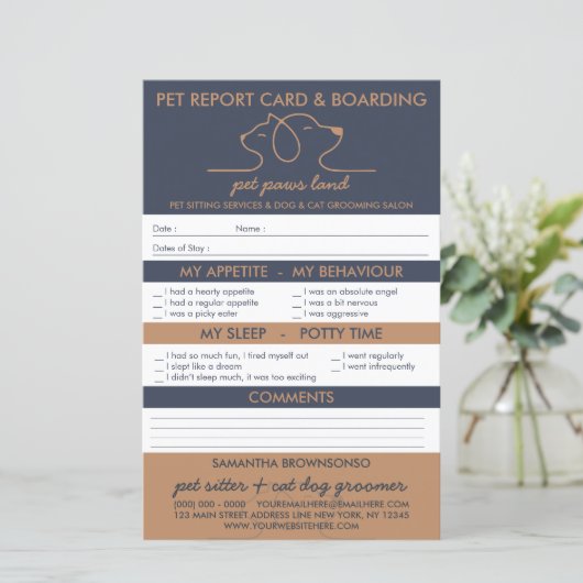 Navy Brown Cute Dog Cat Logo Report boarding (Staand voorkant)