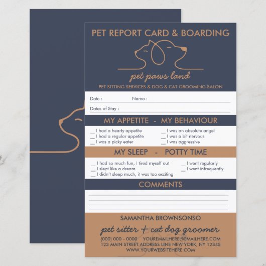Navy Brown Cute Dog Cat Logo Report boarding (Voorkant / Achterkant)