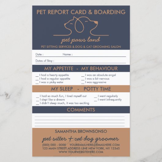 Navy Brown Cute Dog Cat Logo Report boarding (Voorkant)