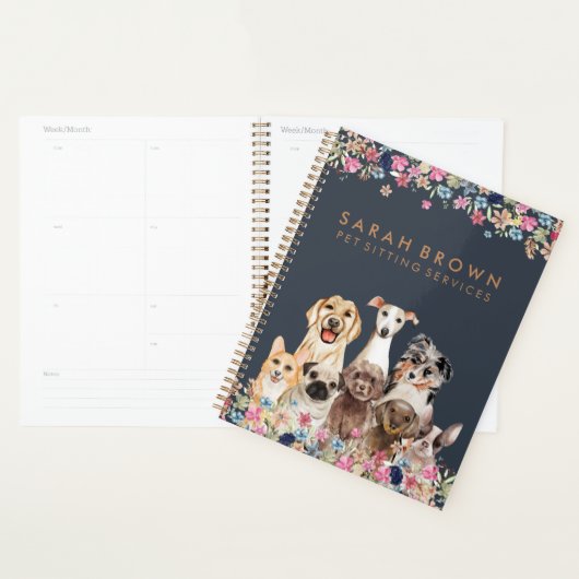 Navy Brown Cute Dog Groomer Small Business Planner (Display)