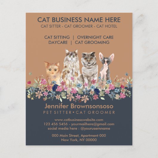 Navy Brown Cute Pet Cats Flyer (Achterkant)