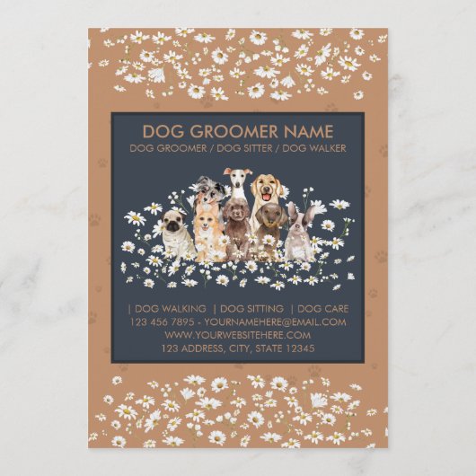 Navy Brown Daisy Flower Dog Groomer Prijslijst Menu (Achterkant)