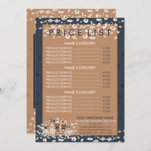 Navy Brown Daisy Flower Dog Groomer Prijslijst Menu (Voorkant / Achterkant)