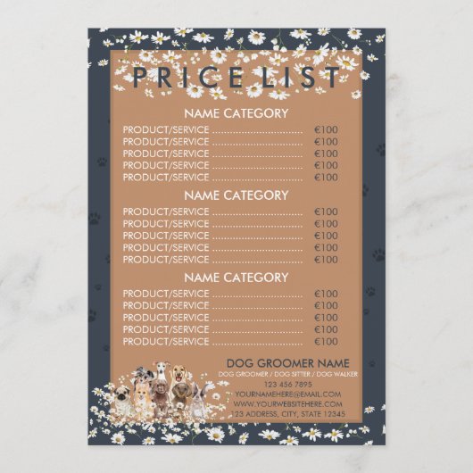 Navy Brown Daisy Flower Dog Groomer Prijslijst Menu (Voorkant)