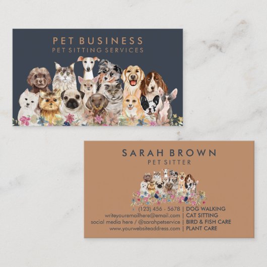 Navy Brown Floral Pet Groomer Spa Dogs Cats Visitekaartje (Voorkant / Achterkant)