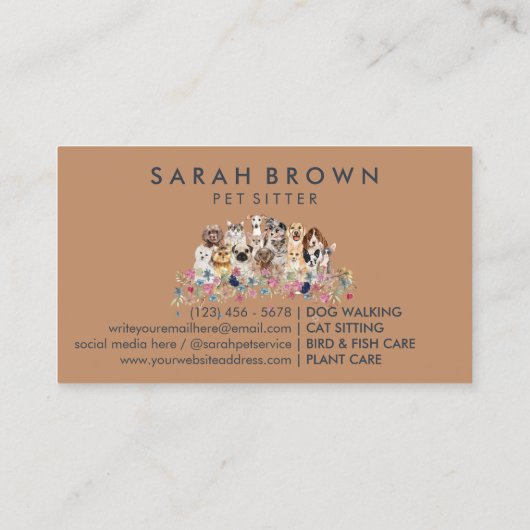 Navy Brown Floral Pet Groomer Spa Dogs Cats Visitekaartje (Achterkant)