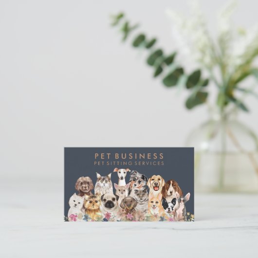 Navy Brown Floral Pet Groomer Spa Dogs Cats Visitekaartje (Staand voorkant)