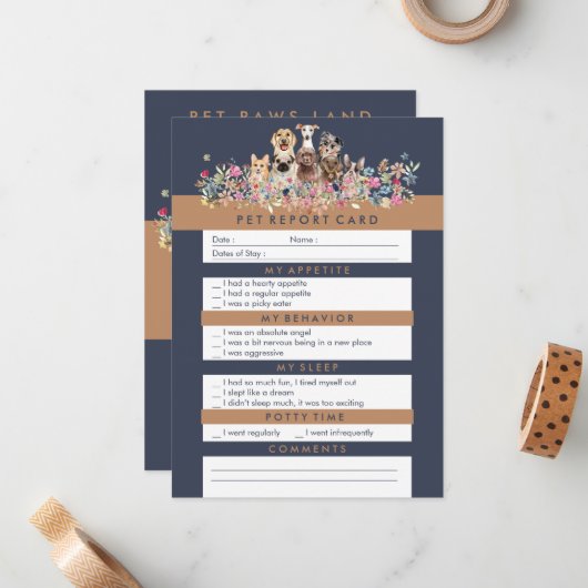 Navy Brown Pet Report Design Notitiekaartje (Voorkant / Achterkant in situ)