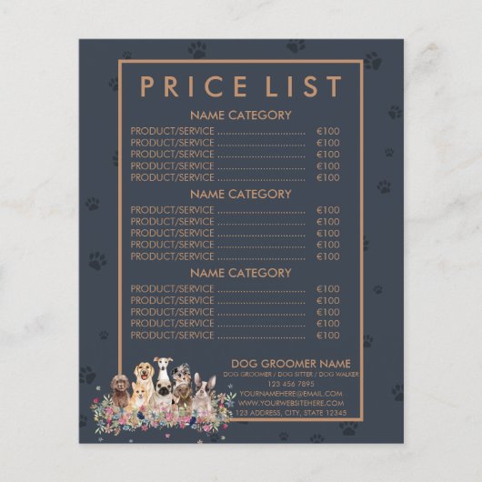 Navy Brown Pet Sitter hond veterinaire prijslijst Flyer (Voorkant)