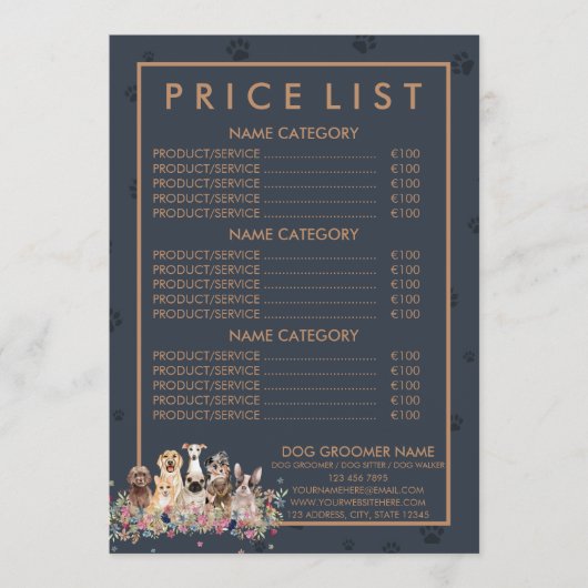 Navy Brown PetSitter hond veterinaire prijslijst Menu (Voorkant)