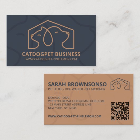 Navy Brown Qr Code Dog Cat Pet Logo Visitekaartje (Voorkant / Achterkant)