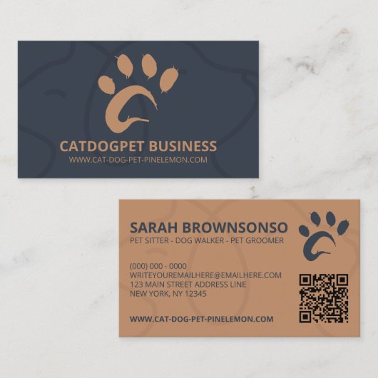 Navy Brown Qr Code Logo Dog Cat Pet Paw Visitekaartje (Voorkant / Achterkant)