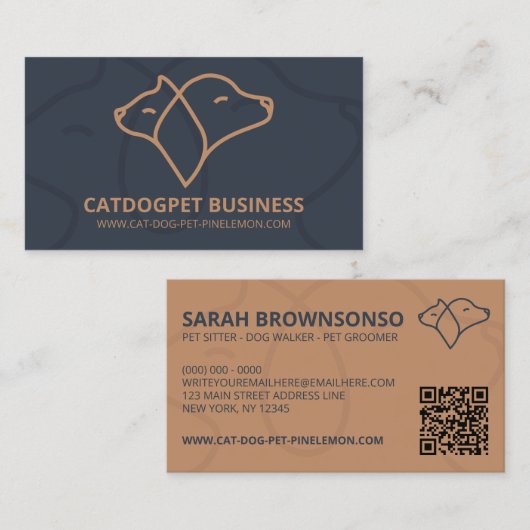 Navy Brown Qr Code Logo Dog Cat Pet Visitekaartje (Voorkant / Achterkant)
