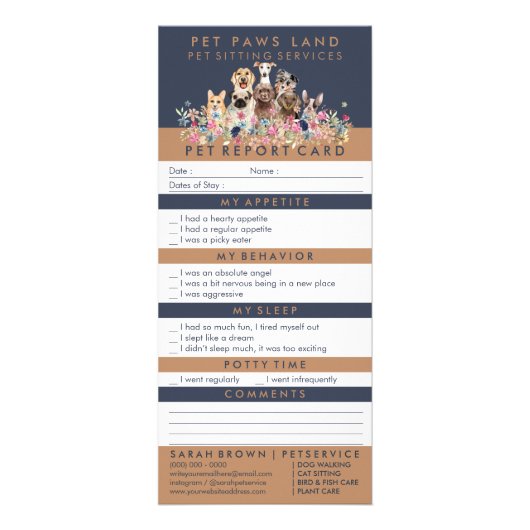 Navy Brown Tone Pet Report boarding Cute Dogs Reclamekaart (Voorkant)