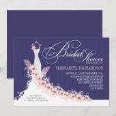 Navy bruids douche uitnodigingen met trouwjurk (Voorkant / Achterkant)