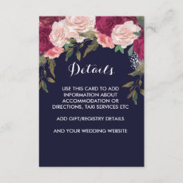 Navy bruiloft details kaart roze bordeauxrode bloe