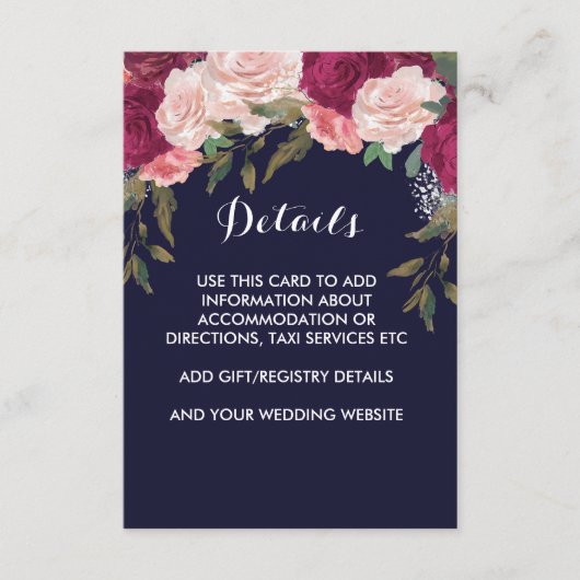 Navy bruiloft details kaart roze bordeauxrode bloe (Voorkant)