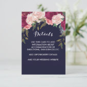 Navy bruiloft details kaart roze bordeauxrode bloe (Staand voorkant)