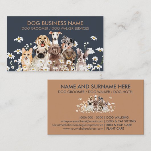 Navy Bruine Pups Daisy Flower Dog Groomer Pet Visitekaartje (Voorkant / Achterkant)