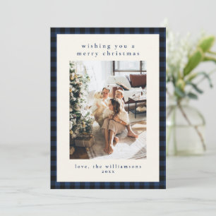 Navy Buffalo Plaid Kerst Familie Foto Verticaal Feestdagenkaart