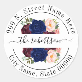 Navy burgudy floral boho chic retouradres ronde sticker