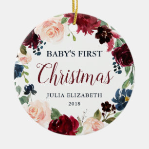 Navy Burgundy Blush Floral Baby's eerste Kerstmis Keramisch Ornament