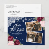 Navy Burgundy Blush Floral Burlap foto Aankondigingskaart (Voorkant / Achterkant)