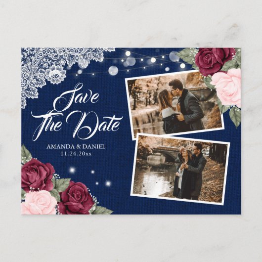 Navy Burgundy Blush Floral Burlap foto Aankondigingskaart (Voorkant)