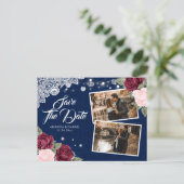 Navy Burgundy Blush Floral Burlap foto Aankondigingskaart (Staand voorkant)