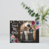 Navy Burgundy Blush Floral foto slaat de datum op Briefkaart (Staand voorkant)