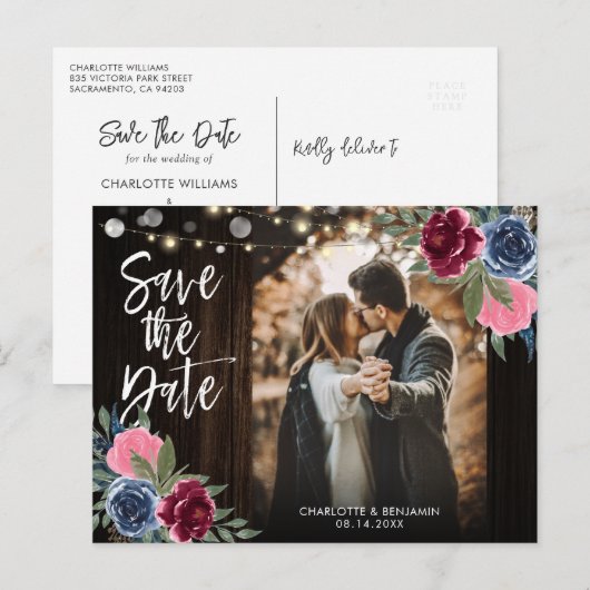 Navy Burgundy Blush Floral foto slaat de datum op Briefkaart (Voorkant / Achterkant)