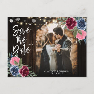 Navy Burgundy Blush Floral foto slaat de datum op Briefkaart