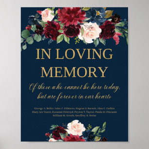 Navy burgundy blush floral in loving memory sign poster