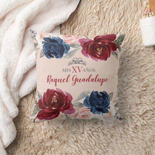 Navy Burgundy Blush Floral Quinceañera Pillow Kussen (Deken)