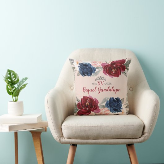 Navy Burgundy Blush Floral Quinceañera Pillow Kussen (Stoel)