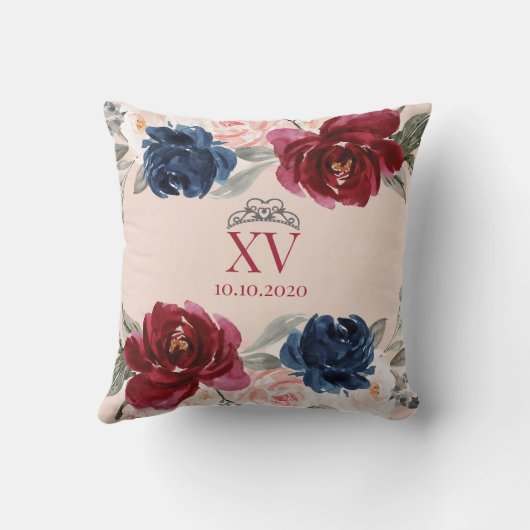 Navy Burgundy Blush Floral Quinceañera Pillow Kussen (Achterkant)