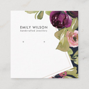 NAVY BURGUNDY BLUSH FLORAL STUD EARRING DISPLAY VIERKANTE VISITEKAARTJE