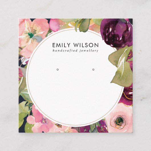 NAVY BURGUNDY BLUSH FLORAL STUD EARRING DISPLAY VIERKANTE VISITEKAARTJE (Voorkant)