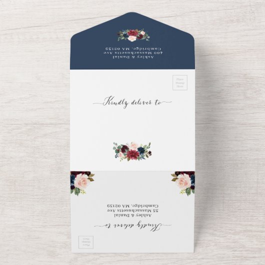 Navy Burgundy Blush Floral Wedding Details RSVP All In One Uitnodiging (Buitenkant)